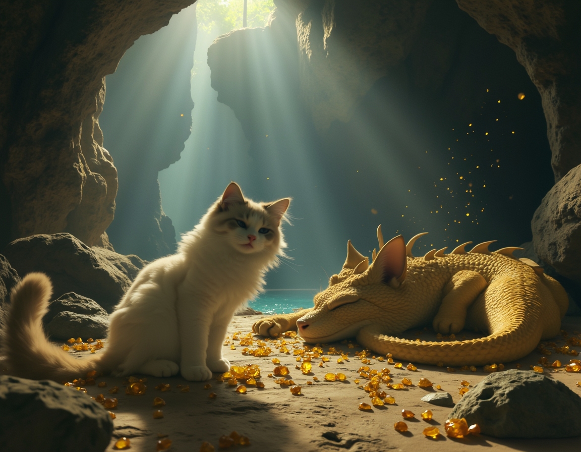 Cat explores a hidden cavern where a dragon slumbers among piles of glittering gems. Subtle beams of light illuminate the cat’s cautious journey through this fantastical realm.